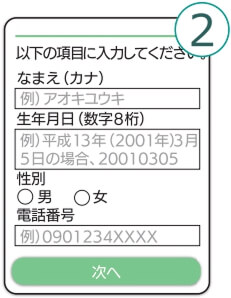 ②認証画面で「なまえ（カナ）」と「生年月日（数字8桁）」「性別」「電話番号」を入力し、認証するを押してください。