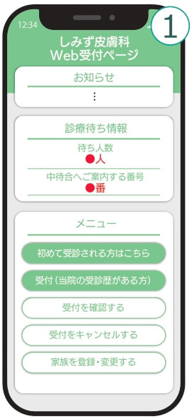 ①受付（当院の受診歴がある方）を選択してください。